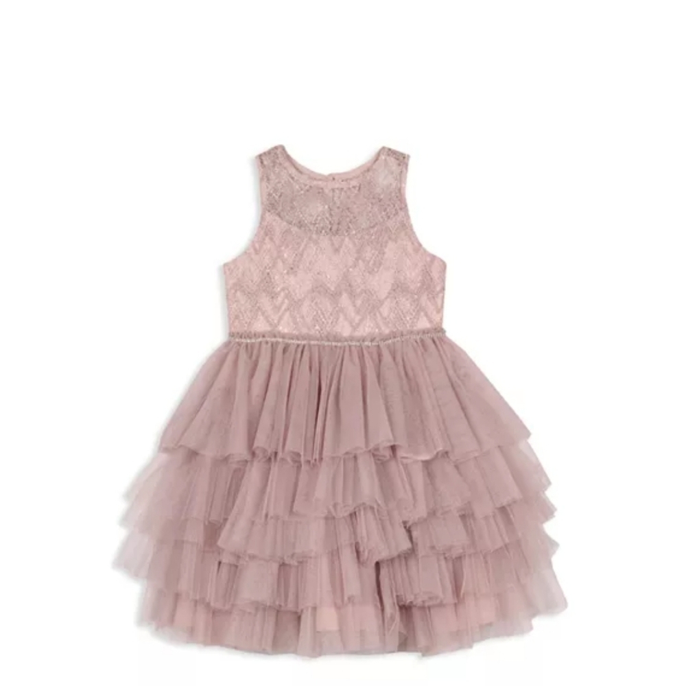 Badgley Mischka Girls' Beaded Illusion Multi-Tier Dress - Little Kid, Sz 7